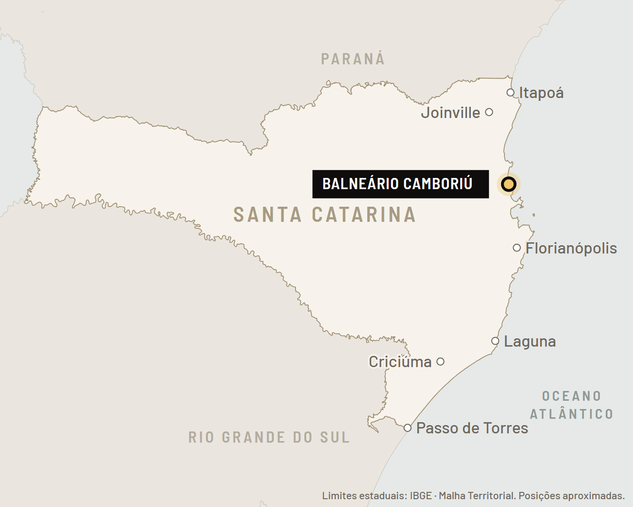 Mapa de Santa Catarina com todo o litoral, de Itapoá a Passo de Torres, e Balneário Camboriú marcada como referência